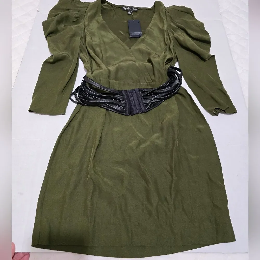 NWT Elizabeth And James 100% Silk Belted Dress In Green Size Small